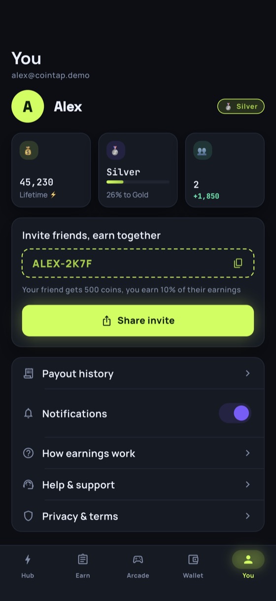 CoinTap profile screen: lifetime earnings, tier progress, referral count, a shareable invite code that gives a friend 500 coins, and rows for payout history, notifications and the help pages.